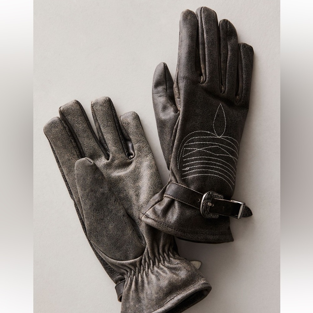 Free People Distressed Leather Western Gloves in Vintage Black NWOT